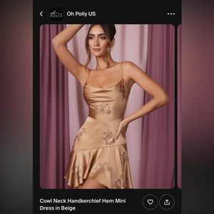 Oh Polly Dress Cowl Neck Handkerchief Hem Mini
Dress in Beige